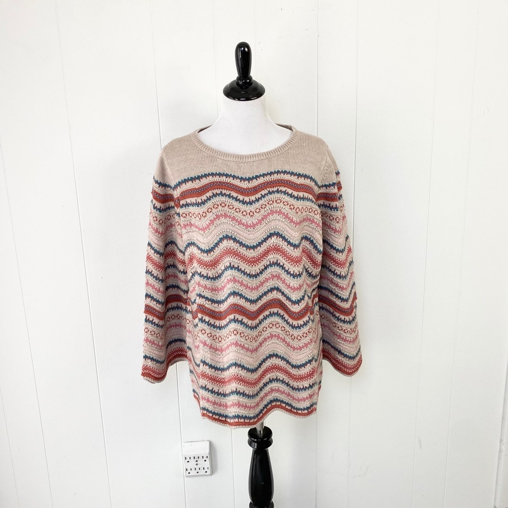Coldwater Creek XL Tan Multi-Color Chevron Stripe Crew Neck Knit Sweater